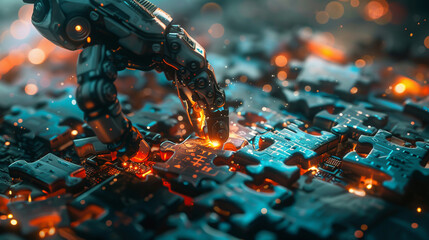 A double exposure of a robotic arm assembling a puzzle piece with a battlefield, metaphorically representing solving conflicts with technology - obrazy, fototapety, plakaty