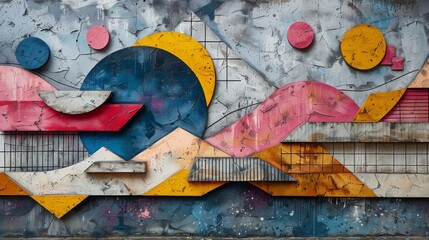 Colorful geometric mural on urban street wall, blending abstract shapes and graffiti art elements.