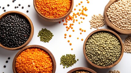 a diverse colorful and healthy selection of legumes including lentils, peas and beans and etc.