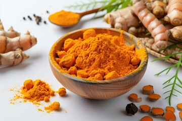  Aromatic turmeric powder and raw roots on white surface, closeup view.