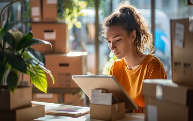 A young woman in her home office is sitting at the table, surrounded by boxes of products on which she has just been working with an iPad. She looks happy while opening up
