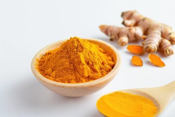  Aromatic turmeric powder and raw roots on white surface, closeup view.