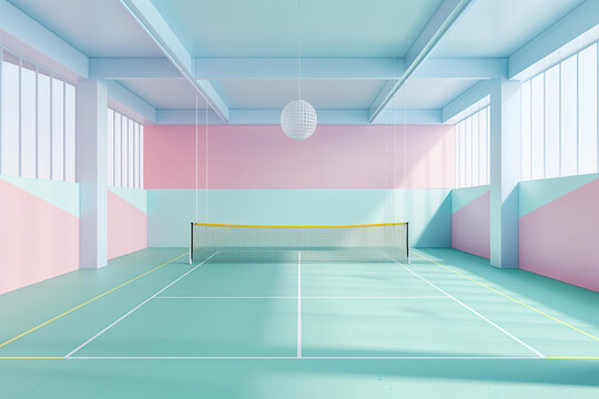 3d render of badminton court indoors, pastel colors