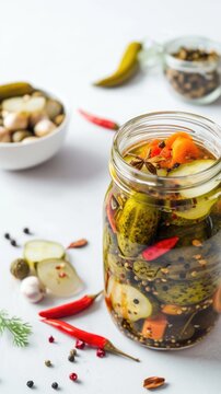  Variety of Fresh and Pickled Vegetables in Jars with Including Spices and Herbs Displaying, Closeup View.