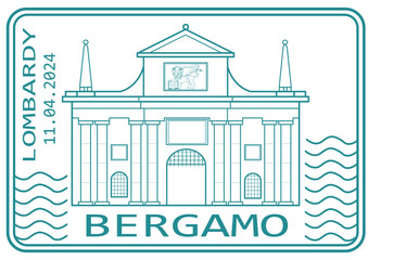 Bergamo stamp depicting the Porta di San Giacomo, a landmark of the city. Lombardy, Italy. Vector illustration.