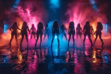 This image features silhouettes of dancers with dynamic poses against vibrant club lights and fog,...