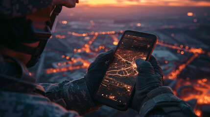 A visual metaphor of a smartphone app with military communications, depicting the modern tools of warfare and business - obrazy, fototapety, plakaty