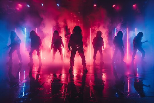 Silhouetted rock band members energetically perform on stage amidst dramatic smoke and colorful lighting, capturing the vibe of a live concert