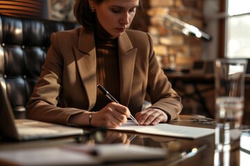 A businesswoman in an office, sitting at her desk and writing on paper with a pen, wearing a brown blazer over a black turtleneck sweater, a brick wall behind the woman, a computer screen - Powered by Adobe