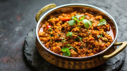 A delicious Indian meal of stewed lentils, spices, and herbs in a bowl served on a wooden table. - obrazy, fototapety, plakaty