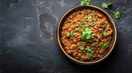 A delicious Indian meal of stewed lentils, spices, and herbs in a bowl served on a wooden table.