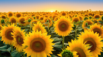Golden Sunset Over Lush Sunflower Field
