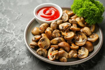 Top View of Delicious sauteed shiitake mushrooms on the plate with serve red sauce on the dining table.