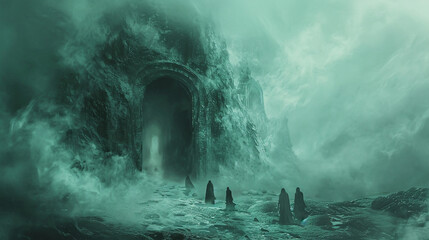 An eerie 3D illustration of the entrance to the underworld, guarded by spectral figures and shrouded in fog