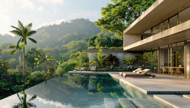 3D render of a modern concrete house with a pool and green grass, a luxurious villa