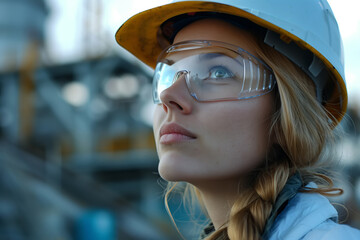 A woman is wearing safety glasses and a hard hat, indicating she is likely a construction site worker or engineer. She is dressed appropriately for safety measures on a worksite - obrazy, fototapety, plakaty