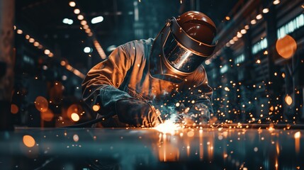 A welder wearing protective gear welds a metal pipe, sparks flying - obrazy, fototapety, plakaty