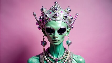 An alien queen with green skin and large eyes, wearing a crown and sunglasses, and with many necklaces.
