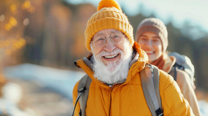 Senior couple hiking, joyful moment, outdoor adventure.