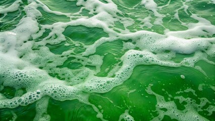 The surface of the water is green and bubbly.
