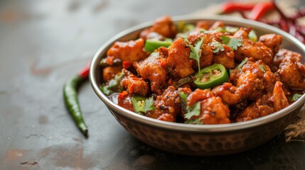 Top View, a delectable bowl of Chicken Masala Tikka popular Indian dish filled with a variety of...