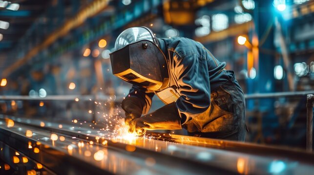 welder working on a metal beam in a factory