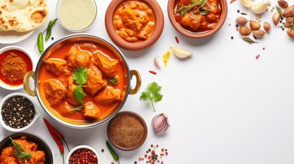 Mouth-watering Indian Dishes of Chicken Curry with Ingredients on Table, Top view.