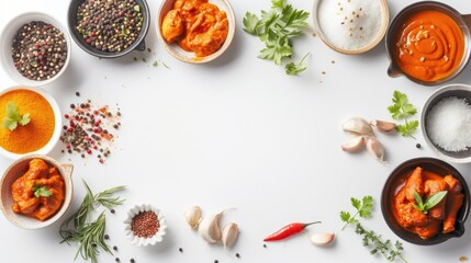  Mouth-watering Indian Dishes of Chicken Curry with Ingredients on Table, Top view.