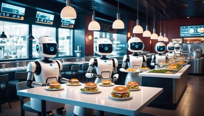 A row of humanoid robots efficiently serving classic diner fare in a contemporary, automated restaurant setting, showcasing robotics in hospitality.. AI Generation. AI Generation - obrazy, fototapety, plakaty