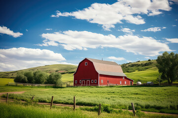 Obraz premium Idyllic Red Barn Amid Rolling Green Hills