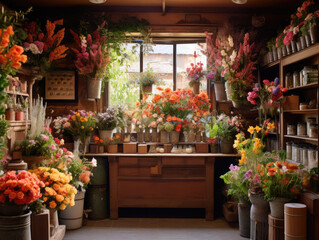 Fototapeta na wymiar Charming Flower Shop Full of Colorful Bouquets and Plants