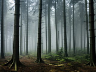 Enigmatic Misty Forest Scene at Dawn