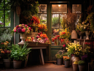 Fototapeta na wymiar Enchanting Entrance to a Cozy Flower Shop