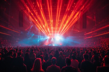 Vibrant atmosphere as an ecstatic crowd enjoys a concert illuminated by a dazzling light show and stage effects