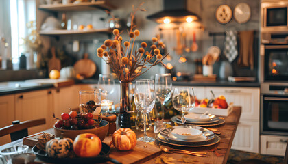 Festive table setting with tasty food for Thanksgiving Day in kitchen