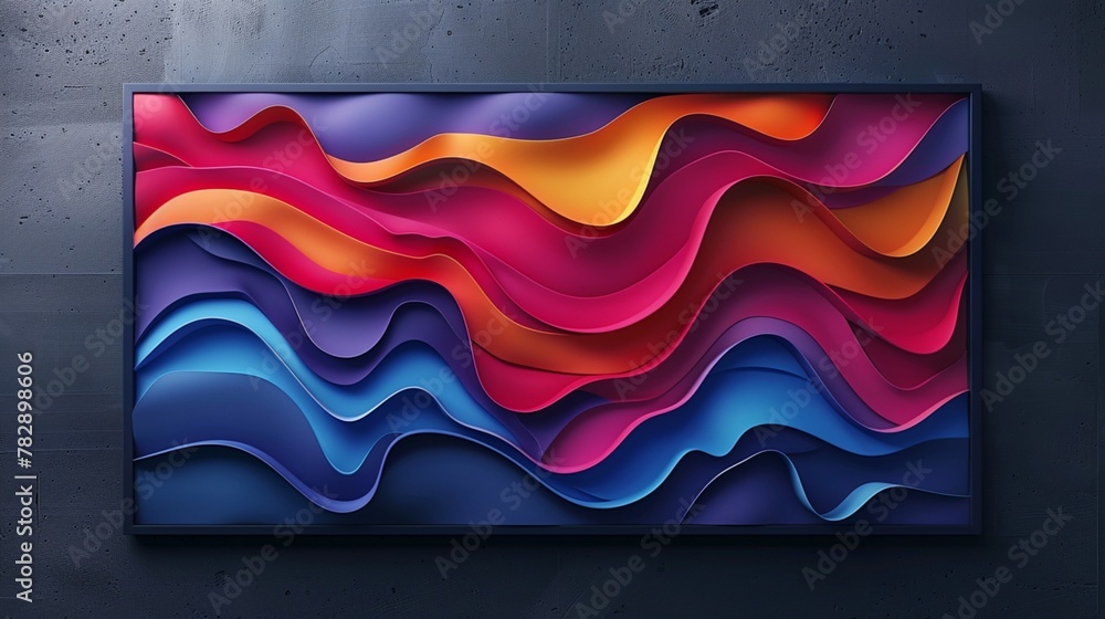 Poster a sleek and modern 3d wall frame mockup showcasing vibrant abstract shapes and patterns in a gradien