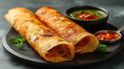 South Indian dish dosa with sambhar and chutney on a plate.