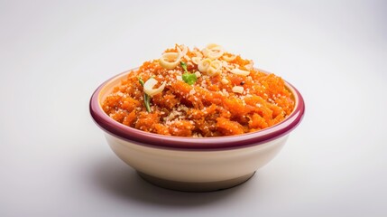 Freshly Baked Delicious Indian Dessert Carrot Halwa (gajar halwa) with Several Nuts in Bowl, Top View.