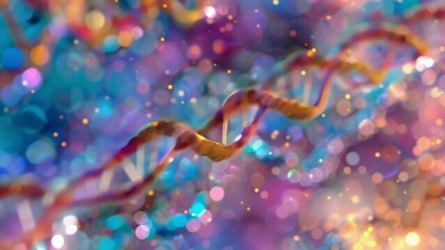A closeup of a section of DNA reveals the intricate double helix structure with different colored bases clearly visible and representing . AI generation.