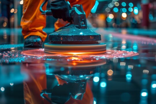 Skilled worker operates a high-speed polishing machine on a sparkling clean reflective surface