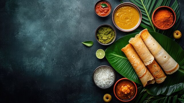 South Indian dish dosa with sambhar and coconut chutney over fresh banana leaf.