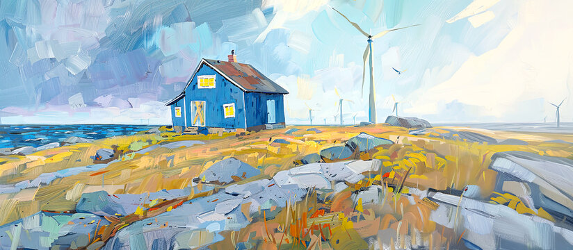 Landscape witha solitary cottage, wind turbines. Oil painting art banner