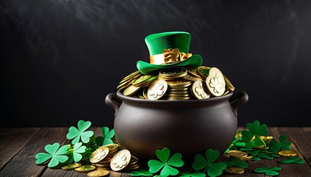 A dark pot brimming with gold coins and a green leprechaun hat on top, set against a backdrop of clover leaves, perfect for folklore themes.. AI Generation