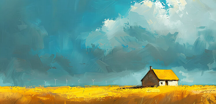 Landscape featuring a solitary cottage, wind turbines. Oil  banner