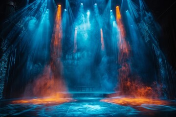 This image captures a theater stage bathed in a mystic blue light, with smoke and beams spotlighting a solitary bench