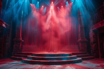 A grand stage with a dramatic red mist and strong lighting effects, evoking a sense of anticipation - obrazy, fototapety, plakaty