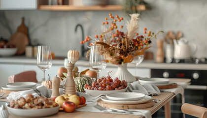 Festive table setting with tasty food for Thanksgiving Day in kitchen