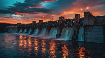 Majestic Twilight Over Hydroelectric Dam Spillway