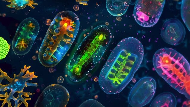 A series of fluorescent images showing the movement of mitochondria within a living cell. The mitochondria appear as bright green . AI generation.
