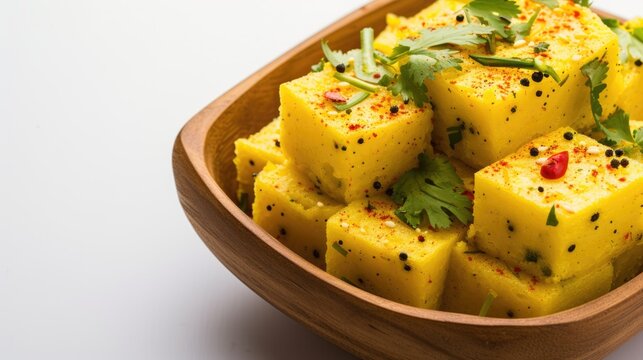 Indian Gujarati dish khaman Dhokla on plate.